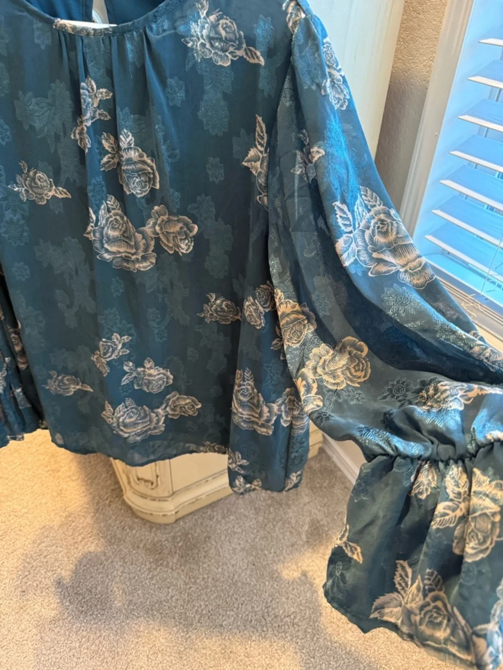 Teal Floral Long-Sleeve Women's Blouse - Picture 2 of 3